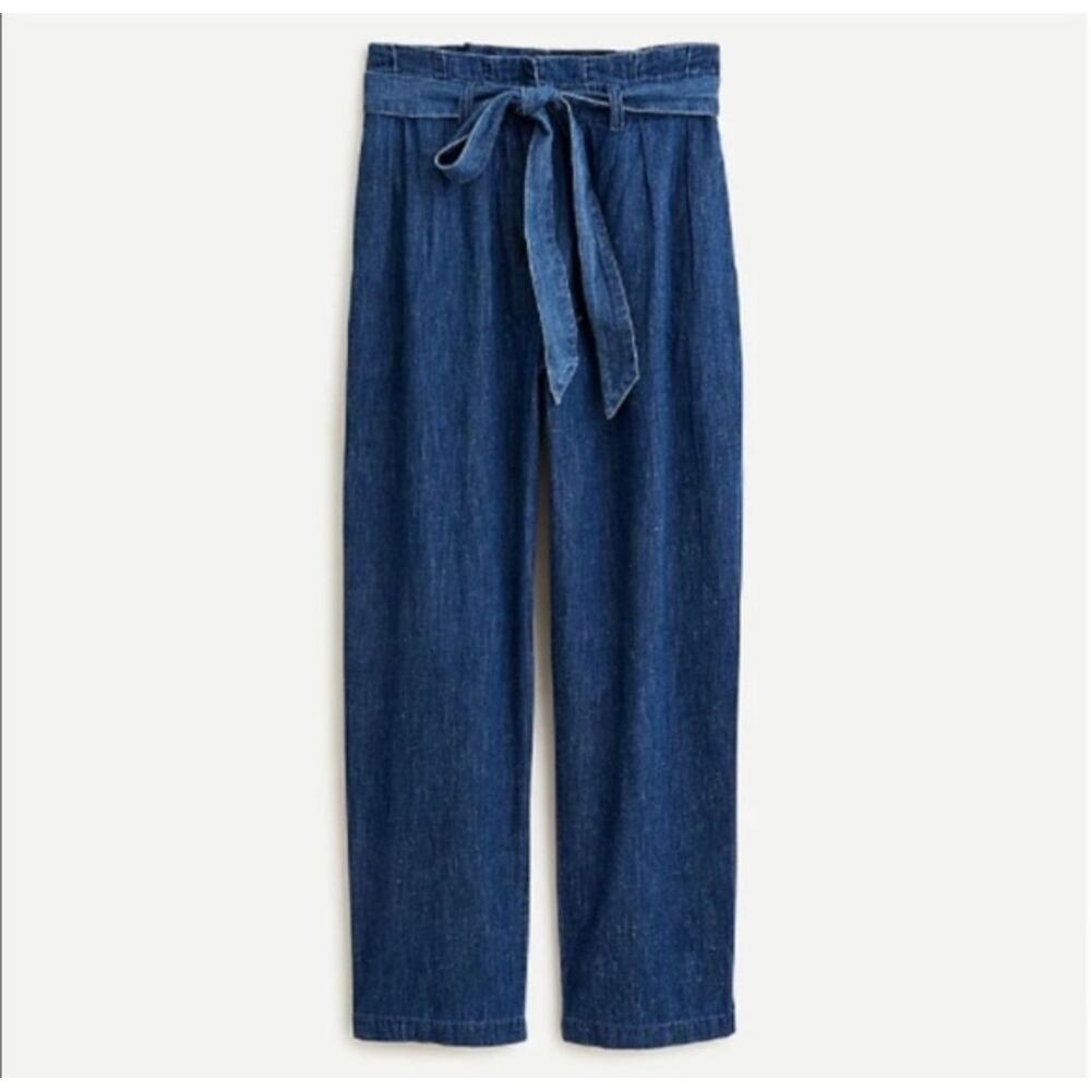 J Crew Chambray Paper Bag Jeans Tie Waist Relaxed Crop Wide Leg Cotton Hemp 0 - Picture 2 of 10